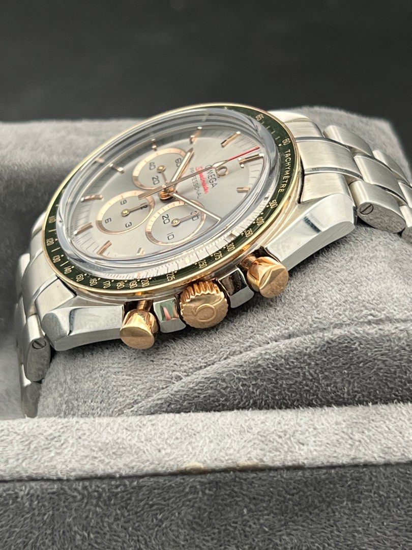 Tokyo Olympics 2020 Omega Speedmaster Professional 42mm Half Gold Two Toned Sedna Rose Gold Manual Wind Rhodium Dial Green Bezel Full Set Like New Old Stock