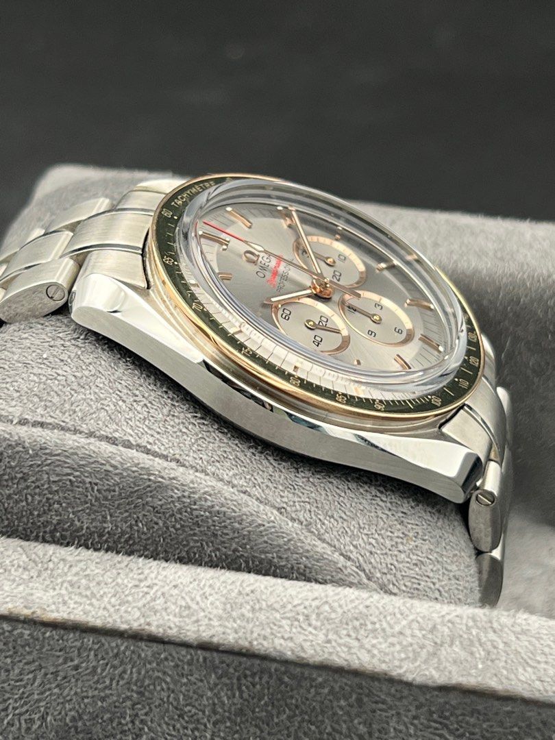 Tokyo Olympics 2020 Omega Speedmaster Professional 42mm Half Gold Two Toned Sedna Rose Gold Manual Wind Rhodium Dial Green Bezel Full Set Like New Old Stock