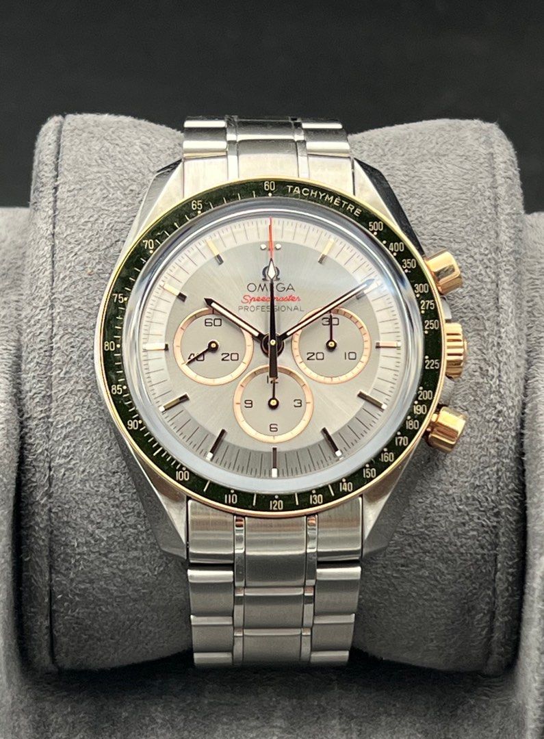 Tokyo Olympics 2020 Omega Speedmaster Professional 42mm Half Gold Two Toned Sedna Rose Gold Manual Wind Rhodium Dial Green Bezel Full Set Like New Old Stock
