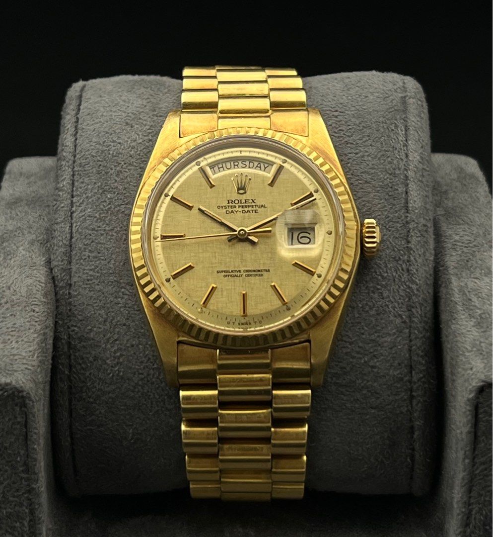 1803 36mm Rolex Daydate Linen Dial Yellow Gold with bracelet non quickset